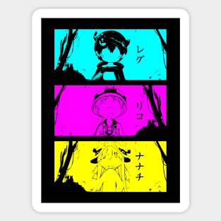 Made in abyss anime all main characters Reg Riko Nanachi with their japan text in Cyan Magenta Yellow colors Grunge distressed Sticker